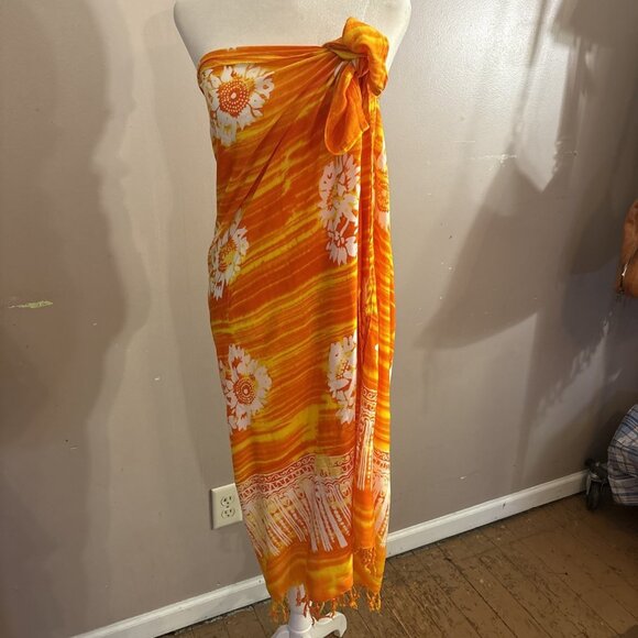 Peppermint Bay Skirt Scarf Wrap Sarong Orange White Floral Fringe W55” L45” - Picture 1 of 9